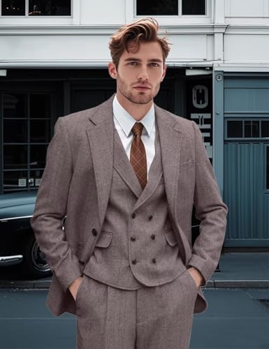Mens Tweed Suit 3 Piece Slim Fit Herringbone Wedding Groomsmen Tuxedos Retro Jacket Double Breasted Vest Pants Set3