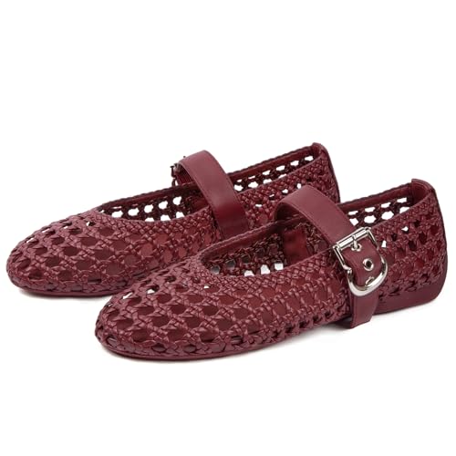 Image of Woven Ballet Flats Mesh Mary Jane Flats for Women Dressy Comfortable Ballerina Flat Round Toe Buckle Strap Mesh Shoes Casual Mary Janes