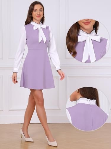 Image of Allegra K Tie Neck Dresses for Women's 1960s Vintage Long Sleeve Contrast Color Dress