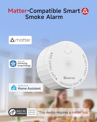 Image of Heiman Matter Smoke Detector, Smart Photoelectric Fire Alarm, UL217-10th Certified, Battery Powered, Real-Time Notification, Compatible with Smartthings, Home Assistant, Mini Portable for Home Travel