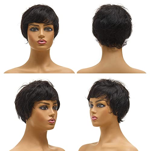 Short Human Hair Pixie Wigs Pixie Cut Short Black Wavy Wigs Layered Short Human Hair Wigs for Women (Pixie Cut Wigs6 Inch, 1B#)