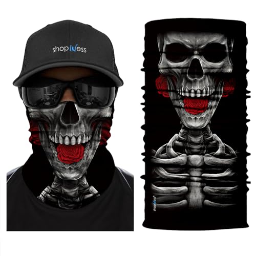ShopINess Calcinha de pescoço caveira multifunções, bandana tubular unissexo para motociclo, desporto e exterior, lenço balaclava respirável com proteção solar UPF 40 | Halloween e carnaval, 3 rosas