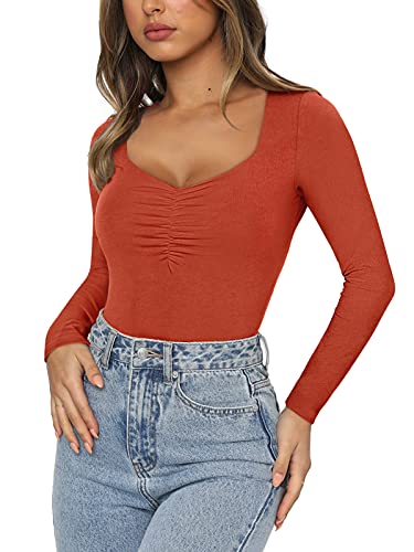 Womens Sexy Sweetheart Square Neck Double Ruched Lined Seamless Fitted Shirts Stretchy Long Sleeve Bodysuit Tops Orange Medium
