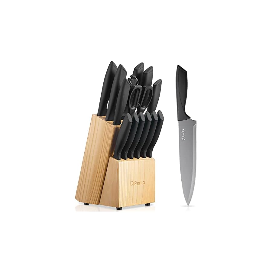 DPerlla-Knife-Set-with-Block-15-Pieces-Stainless-Steel-Kitchen-Knife-Set-with-BO-Oxidation-Technology-No-Rust-Sharp-Knife-Block-Set Knife Set, D.Perlla Knife Set with Block, 15 Pieces Stainless Steel Knife Set with BO Oxidation Non Stick Black Colour Coating, No Rust, Sharp Knife Block Set