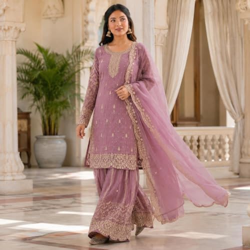 Image of Women's Ethnic Plazzo Suit Set with Kurta & Dupatta | Fendy Fabric Embroidered Kurta Set | Round Neck 3 /4 Sleeve Dress | Elegant Outfit