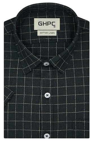 Image of GHPC Cotton Linen Checkered Half Sleeves Regular Fit Formal Shirt for Men