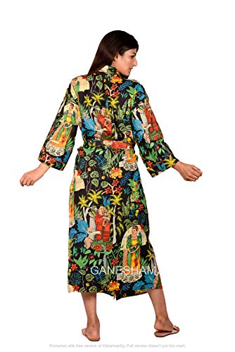 Indian Handmade Frida Kahlo Design Sleepwear Beach Cover Up Cotton Bath Robes Kimono Women Cardigan Nightgown (Black) #TOP1