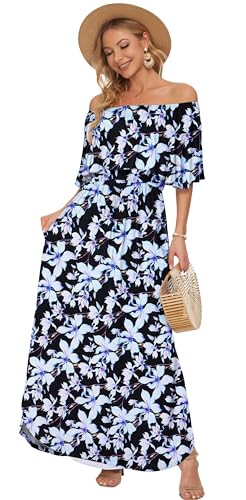 Image of AUSELILY Womens Off Shoulder Ruffle Split Summer Maxi Dresses with Pockets | Off-shoulder Ruffle dress with empire waist & side split for summer beach and casual parties