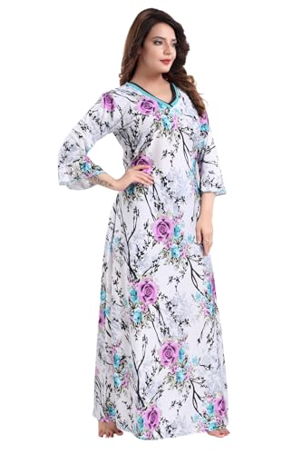 Image of Fabme Women's Crepe Printed Flare Nighty with Long Sleeves /Night Gown /Nightwear /Maxi - Combo