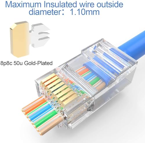 Image of RJ45 CAT5 Pass Through Connectors 50pcs | High Speed Ethernet Crimp Plug for LAN Cable, & UTP Network Ends for Solid and Standard Wire | Easy Termination Connector for Router Setup