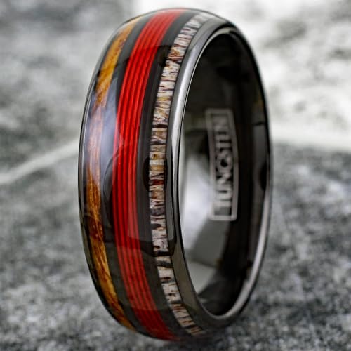 Personalized Engraved 6mm/8mm Polished Piano Black Tungsten Carbide Low Dome Band Ring with Red Fishing Line Between Whiskey Barrel Oak Wood and Deer Antler Inlays.2