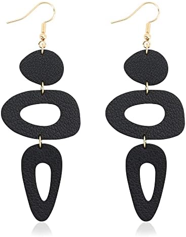 GELVTIC Genuine Leather Earrings for Women Girl Geometric Big Drop Dangle Earring Hook Stud Handmade Colorful Statement Lightweight Jewelry Gift for Her Christmas Valentines Holiday Party (EA137-Black)