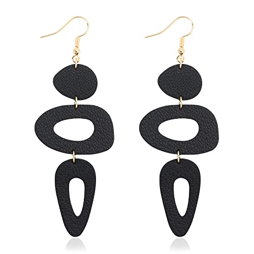 Leather Earrings for Women Retro 80s 90s Boho Dangle Earrings Handmade Statement Colorful Big Lightweight Holiday Party Jewelry