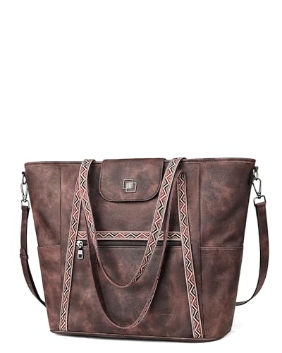FADEON Leather Laptop Tote Bag for Women Coffee Brown