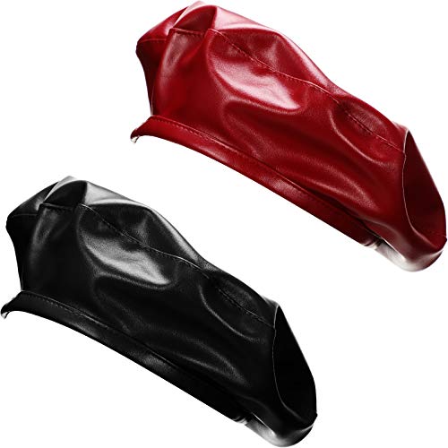 2 Pieces Women PU Leather French Black Red Beret Hat Causal Beanie Hat for Ladies and Girls