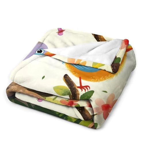 Couverture en flanelle douce de qualité supérieure - Plaid élégant oiseaux et papillons 130x150