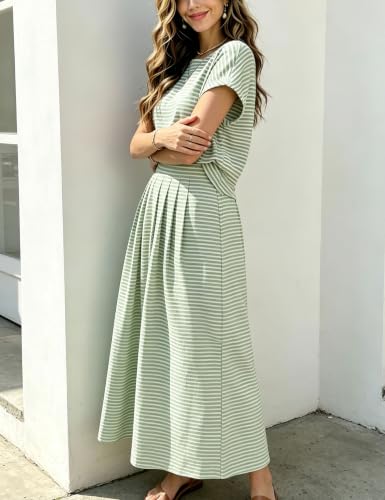 Image of Zontroldy Women's Summer 2 Piece Outfits Striped Skirt Sets Cap Sleeve Crop Top Midi Dress Matching Travel Outfits