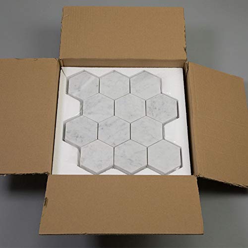 Soulscrafts Italian White Carrara Marble 4 Inch Hexagon Mosaic Tile Matte For Kitchen Backsplash Bathroom Wall & Floor Tile 5 Sheets/Box #TOP6