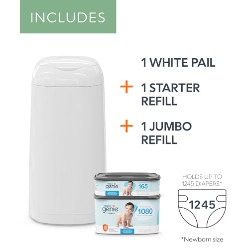 Diaper Genie Classic Diaper Pail Gift Set | Push-N-Lock Odor Control | Includes Starter Refill and Jumbo+ Refill | Holds up to 1,245 Newb...