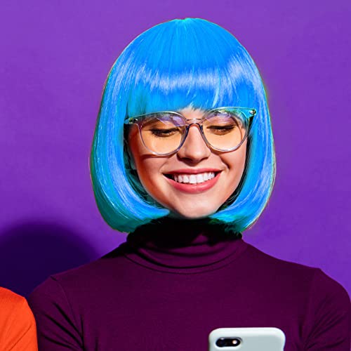 Image of PLULON Sky Blue Bob Wig and Sunglass Set, Neon Short Bob Wig Sunglass Pack Costume Colorful Cosplay Wig Hairpieces for Bachelorette Neon Party Favors, Halloween Decorations