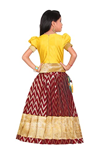 Image of FELIZ THE DESIGNER STUDIO Girl's Readymade Traditional Pattu Pavadai Lehenga Choli Kids( Yellow-Maroon 18-24 Months )