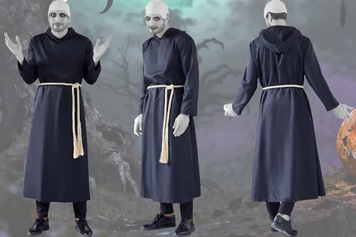 Uncle Fester Costume Monk Robe Black Hooded Uniform with Cord Belt for Mens Halloween Cosplay Suit M by PAINEOMN - Used condition - Image 3