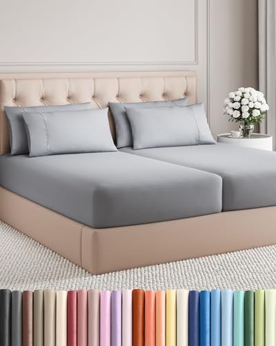 Image of Split King 7 Piece Bed Sheet Set - Comfy, Breathable & Cooling - Steel Blue | Ultra-Soft Hotel Luxury Bedding Set w / 8-16 Inch Deep Pockets, 1 Flat & 2 Fitted Sheet & 4 Pillowcases, Wrinkle & Fade Free
