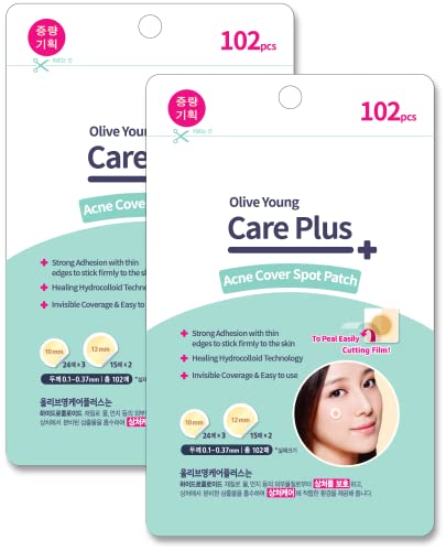 OLIVE YOUNG 2 Pack Care Plus Spot Patch 102ea (Total 204ea = 10mm 144ea + 12mm 60ea) - Acne Spot Pimple Absorbing Cover Patch, Moist Wound Dressing for Skin Trouble Acne Pimple Care Hydrocolloid Patch