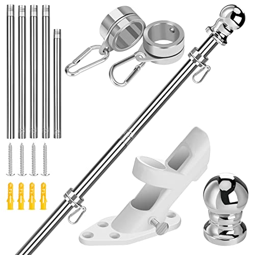 Winthai 6FT Flag Pole Kit, Professional Stainless Steel Flag Pole with Upgraded Tangle Free Aluminum Alloy Flagpole Rings, Heavy Duty Flagpole with Two-Position Bracket for House Outdoor Garden Yard