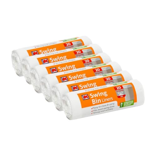 Kordis Strong Tie Handle Swing Bin Bag Liners - 6 Rolls x 20 Bags. 50L White 45% Recycled Plastic Bin Bags for Kitchen Bins & Large Indoor Trash Bin. 120 Heavy Duty Unscented Garbage Bags - 60 x 90cm
