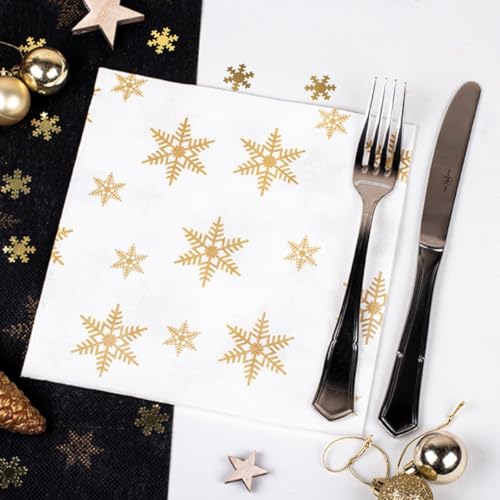 SANJOMA 50 Servilletas Papel Navideñas | Materiales Ecológicos | Decoradas para Fiestas y Celebraciones, Diseño Festivo en Blanco y Oro | Servilletas De Papel Decoradas, 3 Capas | Servilletas Navidad