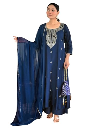 Kurta pantalon droit brodé bleu marine en soie viscose avec dupatta pour femme taille L