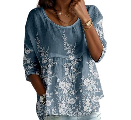 Akivide Women's Boho Floral Embroidered 3/4 Sleeve Tunic Top Summer Cute Casual Loose Pleated Blouse Shirt Plus Size