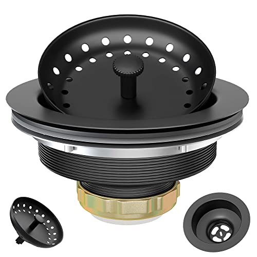 Black Sink Drain 3-1/2 Inch Matte Black Kitchen Sink Drain Strainer Assembly Kit with Strainer Basket and Drain Stopper for Standard Kitchen Sink Stainless Steel