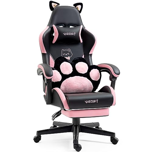 Image of Cute Cat Ears Gaming Chair with Paw Lumbar Cushion, High Back Computer Chair with Footrest, 360 Swivel Height Adjustable Recliner Game Chair for Girls, 300lbs (Black Pink)