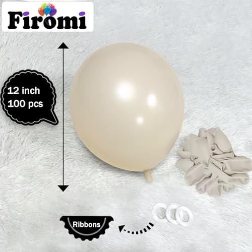 Image of Firomi Beige Latex Balloons 12-inch 100 Pack (with 3 Ribbons) | Big Helium Thicken Sand Balloon for Wedding Birthday