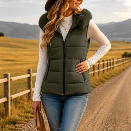 Puffer Vest Women Sleeveless Hooded Faux Fur Trim Quilted Zip Fall Winter - image 7