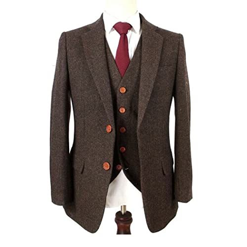 Men Brown Herringbone Tweed Blazer Prom Tuxedo Notch Lapel Casual Grooms Wedding 3 Pieces Suit Jacket Pants Vest2