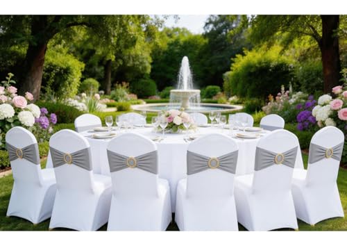 Image of 50 Pack Silver Chair Sashes with Gold Buckle Slider, Spandex Grey Chair Bands Bows for Folding Chairs Wedding Party Banquet Decor