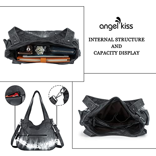 Image of Angel Kiss Women's Designer Handbag Large Double Zipper Multi Pocket Washed Leather Purse