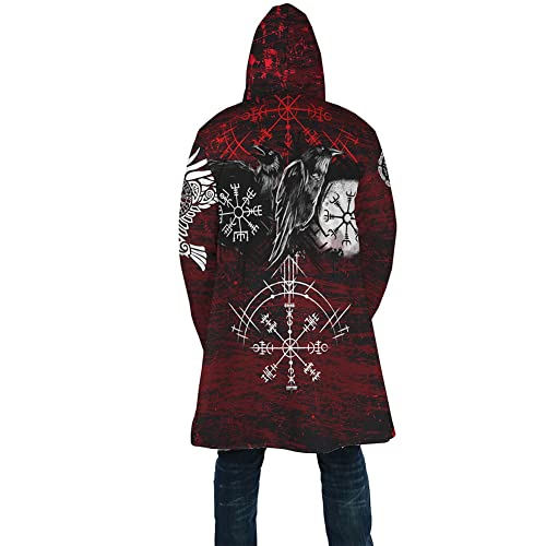 Winter Thick Warm Cloak Mens Viking Odin Raven Tattoo 3D Print Fleece Hooded Casual Cloak Coat(US Size)3