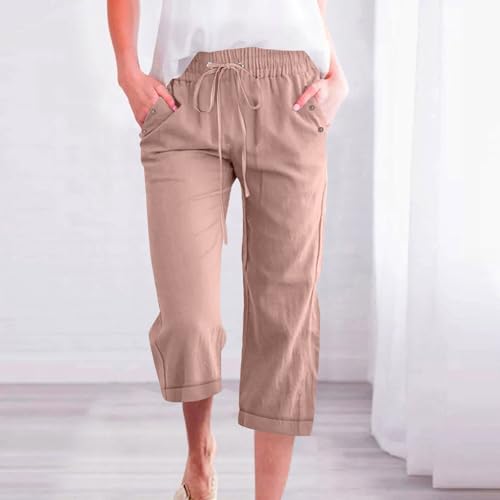 Capri Pants for Women Petite High Waisted Drawstring Casual Pants Summer Plus Size Cotton Linen Lounge Cropped Pants2