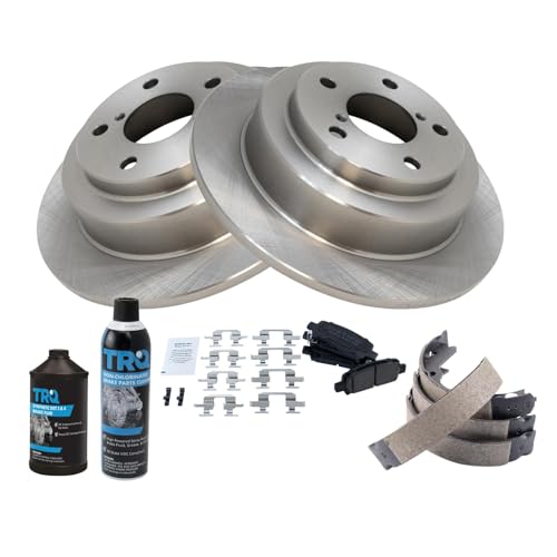 Image of TRQ Rear Brake Pad & Rotor Kit, with Chemical Kit Parking Brake Shoe Set Ceramic Compatible with 1998-2003 Subaru Forester 1999-2003 Impreza