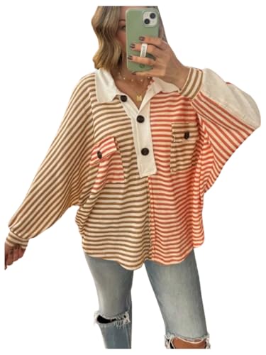 WDIRARA Women's Striped Long Dolman Sleeve T Shirts Button Front Collared Tee Oversized Top
