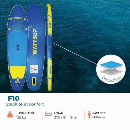 Wattsup - Sup Stand Up Paddle Gonflable F10 10' - 305x81x15cm Dropstitch - Pack Complet : Pagaie Leash Pompe Sac de Transport - Jusqu'à 125kg -Bleu – vue 2