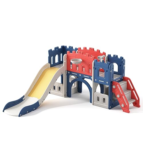 8 in 1 Toddler Slide, Castle-Themed Indoor Outdoor Playground for Toddlers Age 1+ with Extra-Long Slide, Basketball Hoop and Ball, Telescope, Tunnel, Storage Space, Baby Climber Playset, Colourful