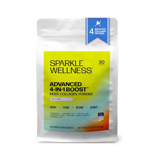 Sparkle Wellness Advanced 4-in-1 Boost | Clinically Tested Multi Collagen Powder with VERISOL FORTIBONE FORTIGEL TENDORFORTE HA & Vitamin C | Skin Hair Bone Joint Health | No Flavor