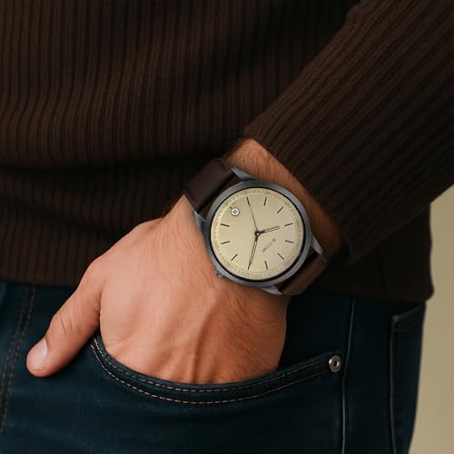 Image of Titan Minimalist Timeless Style Quartz Analog With Date Champagne Dial Dark Brown Leather Strap Watch for Men - NP1806NL02