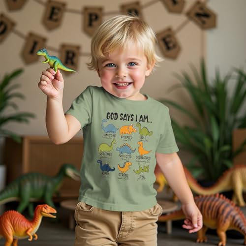 Toddler Boy Dinosaur Shirt God Says I Am Bible Verse Dino Religious Tshirt Christian Outfits Baby Short Sleeve Tees3