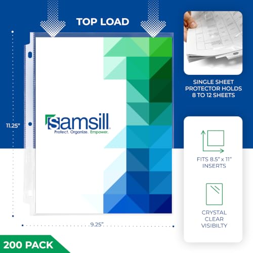 Image of Samsill 200 Pack Heavy Duty Sheet Protectors, Crystal Clear, 8.5x11 Inch Page Protectors for 3 Ring Binder, Letter Size Protectors, Reinforced Holes, Clear Protector, Top Loading, Acid Free